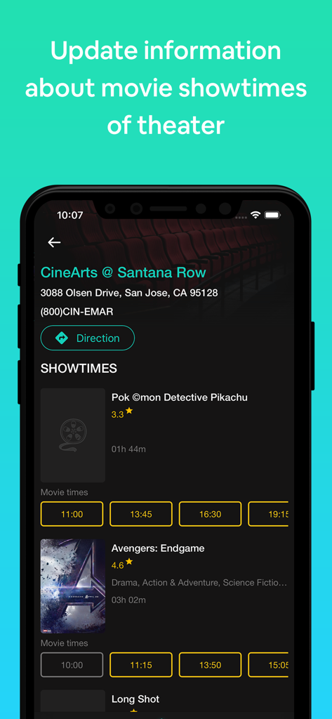 CineArts at Santana Row의 영화관 위치 및 영화 상영 시간을 보여주는 모바일 앱 인터페이스