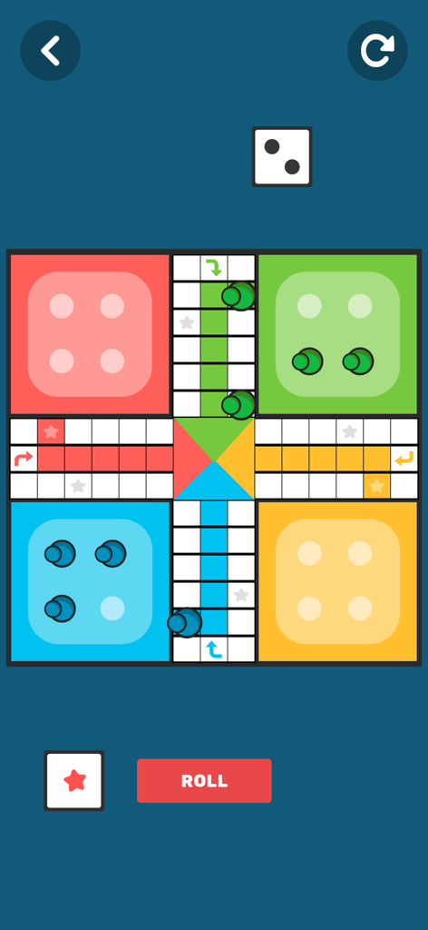 カラフルな正方形とトークンを備えたデジタルルドーボードゲームのインターフェース