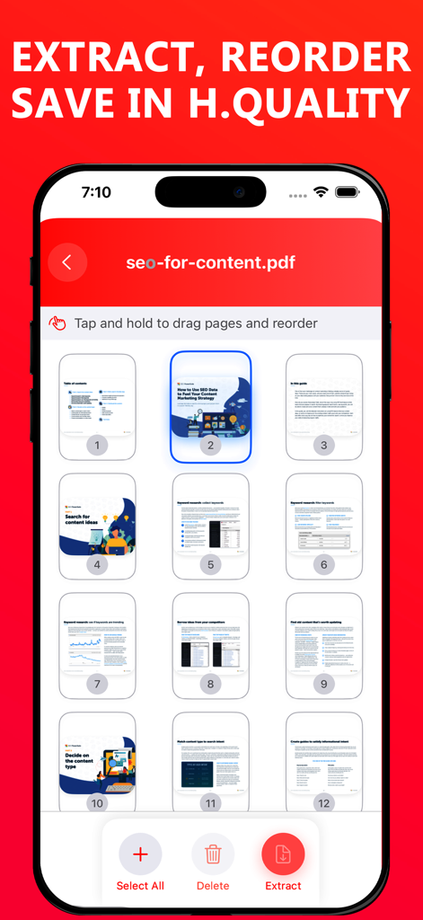 SEOドキュメントのページのグリッドと、並べ替えおよび抽出オプションが表示されているPDFページエディタアプリのインターフェース。