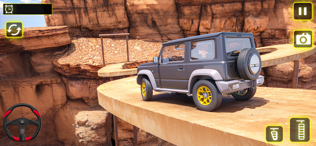 Jeep Rally Hill Offroad - A grey 4x4 jeep driving on a narrow elevated track in a rocky desert canyon.