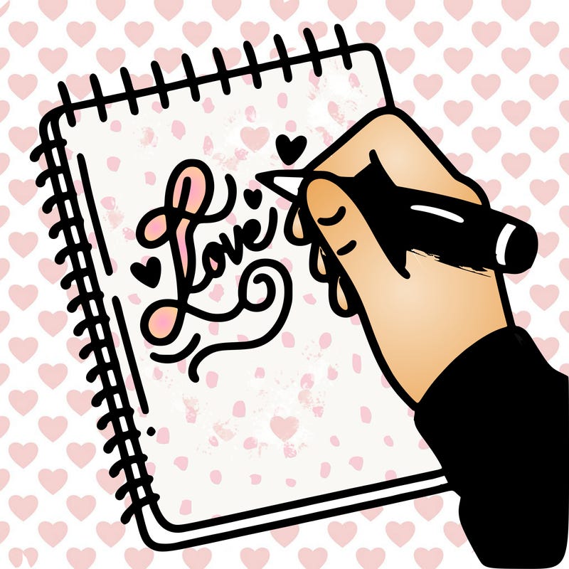 a hand writing “love” in calligraphy on a notebook