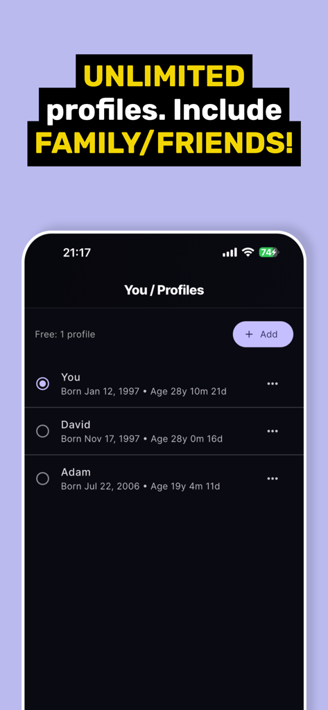 Chronological Age Calculator! - Captura de tela do aplicativo Calculadora de Idade Cronológica mostrando vários perfis de familiares e amigos para rastrear idades exatas