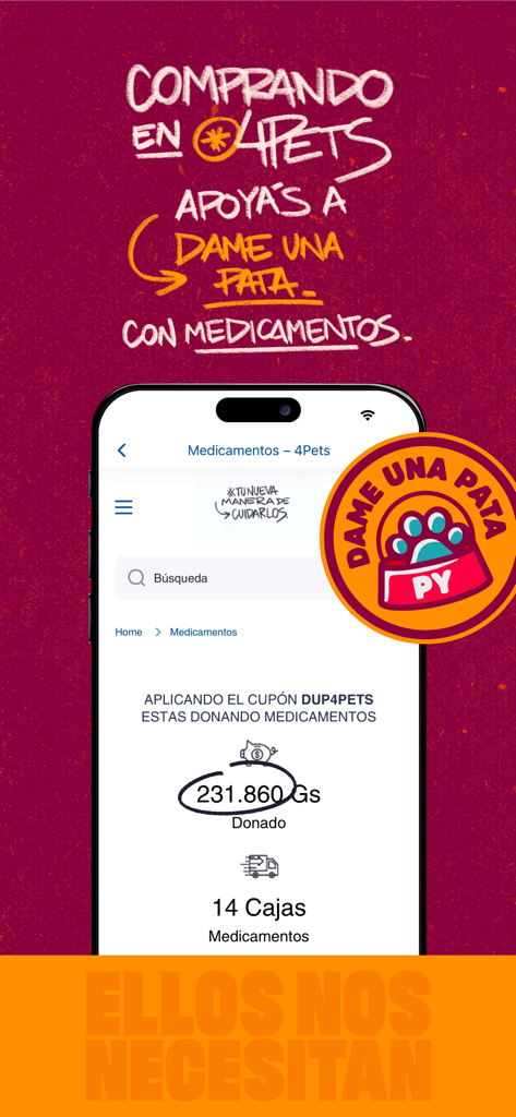Promoción de la aplicación 4Pets que muestra un programa de donación de medicamentos para mascotas necesitadas