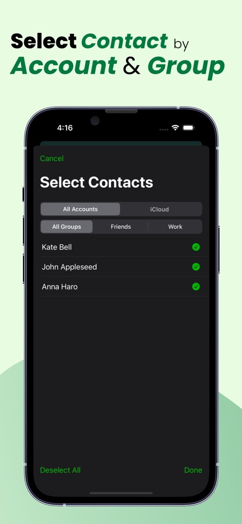 Get contact Backup: vCard, CSV - iPhone-Oberfläche, die die Auswahl von Kontakten nach Konto und Gruppe für die Sicherung zeigt.