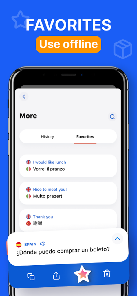 A mobile interface of the Voicelator app showing the Favorites screen with saved phrases for offline use.