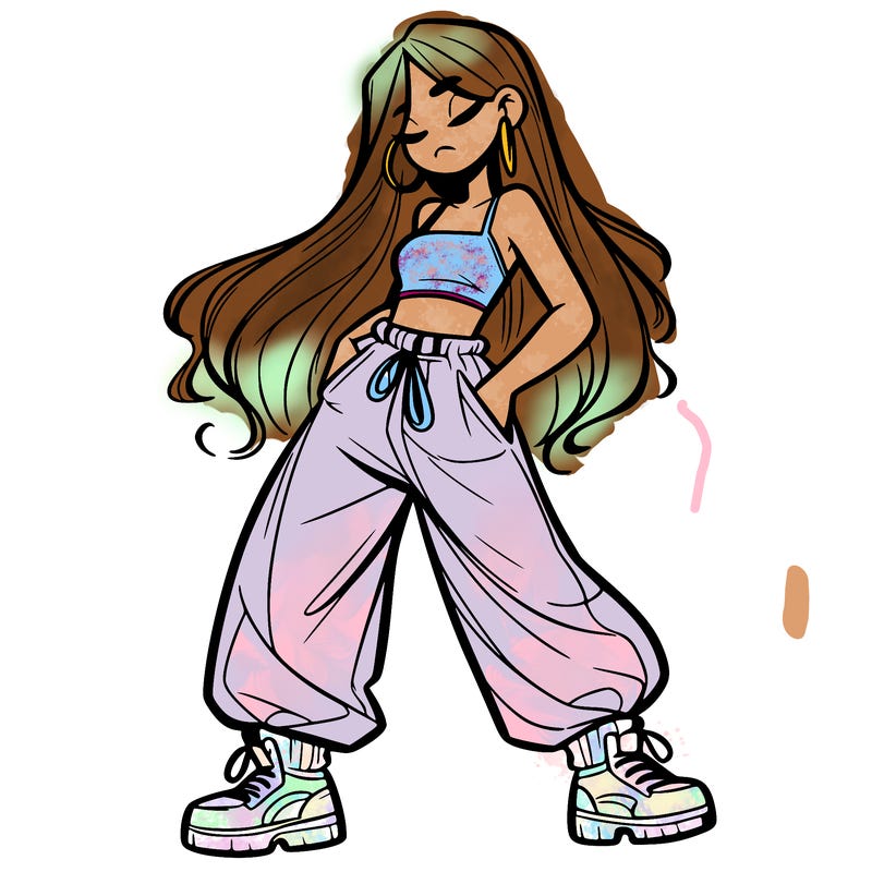 girl in baggy pants crop top and long hair