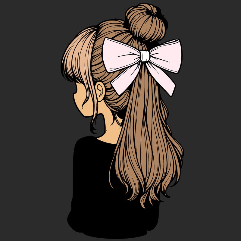 realistic girl  with hip length hair a bun and a big bow on the back of head