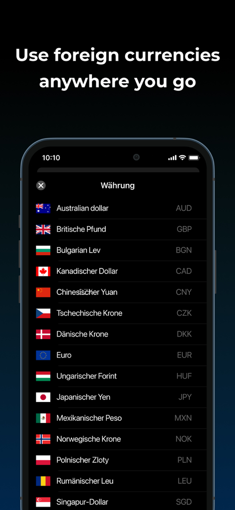 bunq - A smartphone screen showing a list of global currencies and flags within the bunq mobile banking app interface.