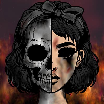 realistic girl with half skull mask