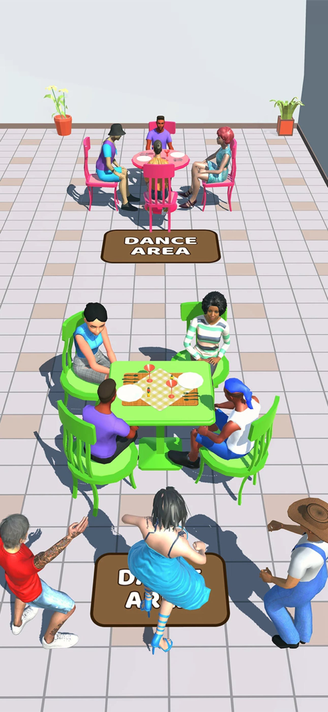 Date Run: Dress Up & Makeup - Date Runゲームで、テーブルに座っている他のキャラクターと一緒に社交的なエリアで踊っている青いドレスのファッションキャラクター。