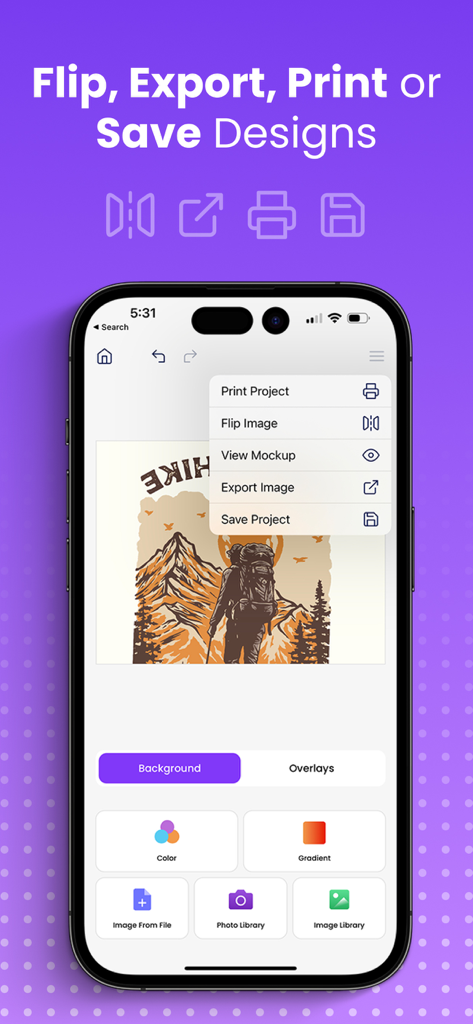 T-Shirt Designer Tool - Mobile app interface of T-Shirt Designer Tool showing options to flip, export, and print a custom design.