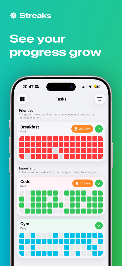 Streaks: Daily Habit Tracker - Captura de pantalla de la aplicación Streaks que muestra cuadrículas de progreso de seguimiento de hábitos para las tareas de desayuno, codificación y gimnasio