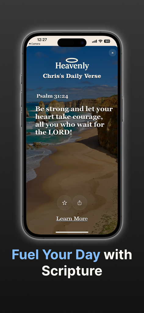Heavenly app screen showing a daily Bible verse over a landscape image