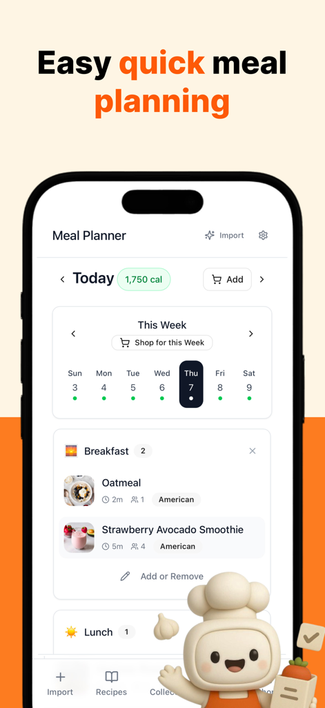 CookBook Recipe & Meal Planner - Weekly meal planner screen of the CookBook app displaying breakfast recipes and daily calorie goals