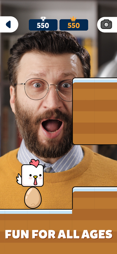 Mini Games: Calm & Relax - 귀여운 만화 닭 캐릭터와 함께 바이럴 이모티콘 얼굴 챌린지 미니 게임을 하는 남자.