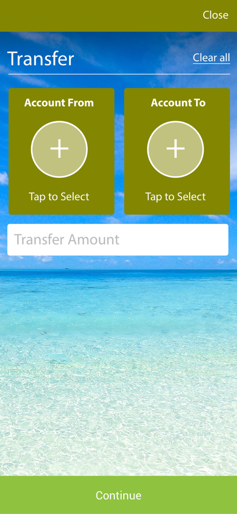 Grenada Co-operative Bank Ltd - Funds transfer interface of the Grenada Co-operative Bank mobile app featuring a tropical beach background.