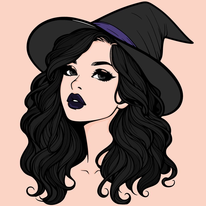 realistic witch girl with wavy hair and lips