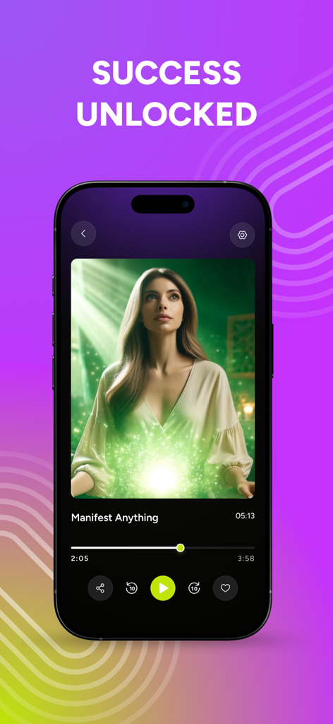 MINDMOD: Hypnosis & Meditation - MINDMOD app mostrando la pista de hipnosis Manifiesta Cualquier Cosa para el éxito