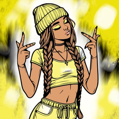 realistic teenage girl with braids and a beanie and crop top doing 🫶🏼