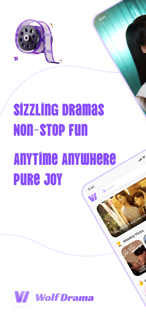 Wolf Drama - Tela promocional do aplicativo Wolf Drama com texto sobre dramas escaldantes e uma interface móvel mostrando seleções de filmes curtos.