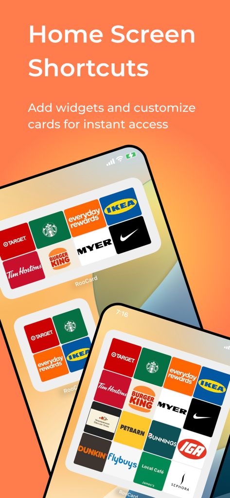 Store Card - All in One App - Loyalty card widgets on an iPhone home screen for quick access to various store cards