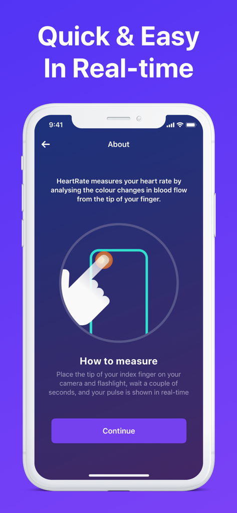 Heart Rate Monitor - Pulse App - App interface showing how to measure heart rate by placing a finger on the smartphone camera lens
