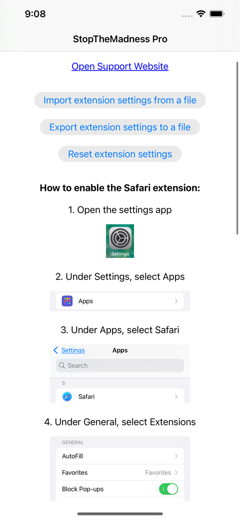 Step by step instructions on how to enable the StopTheMadness Pro extension in iOS Safari settings