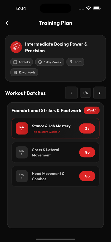 Interfaz de la aplicación JAB AI que muestra un plan de entrenamiento de boxeo intermedio y ejercicios semanales