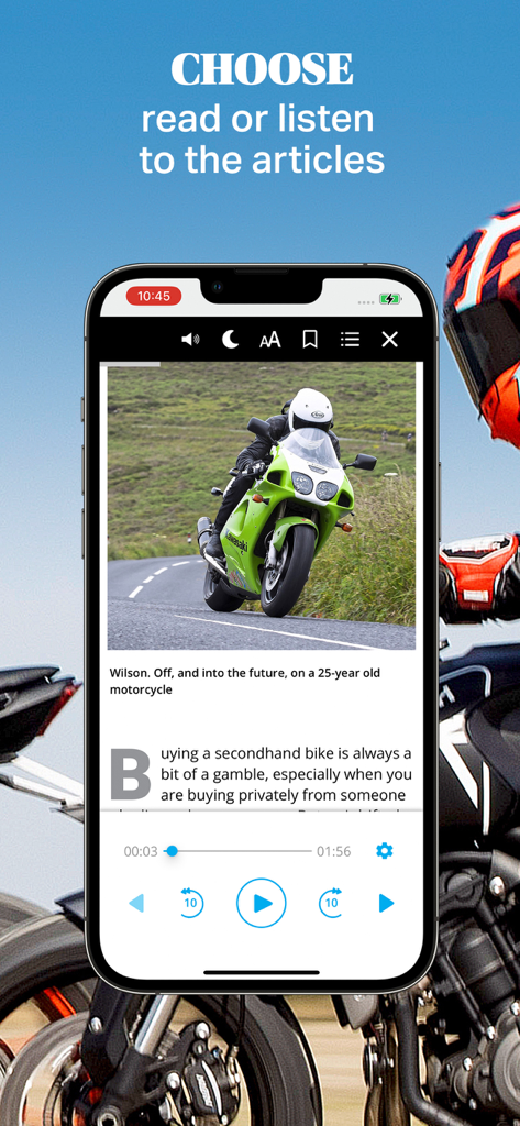 Smartphone affichant un article sur les motos avec lecteur audio intégré pour écouter le contenu.