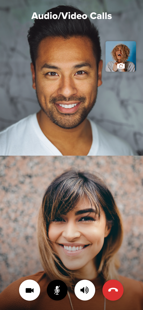 VERO - A split screen showing a video call between a man and a woman on the VERO app with call control buttons.