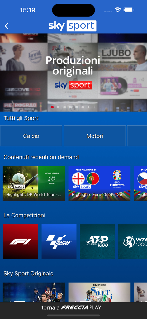 FRECCIAPlay app interface showing Sky Sport on demand entertainment options for train travelers.