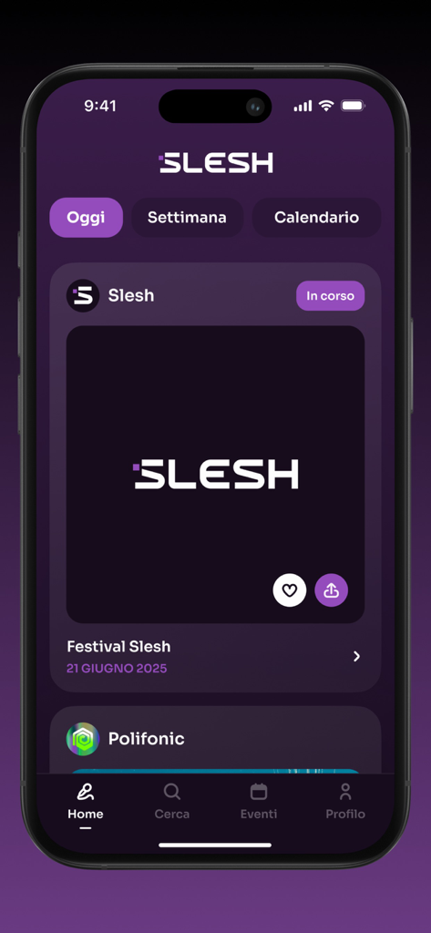 Slesh - The home screen of the Slesh app showing music festival events and schedule filters for today week and calendar