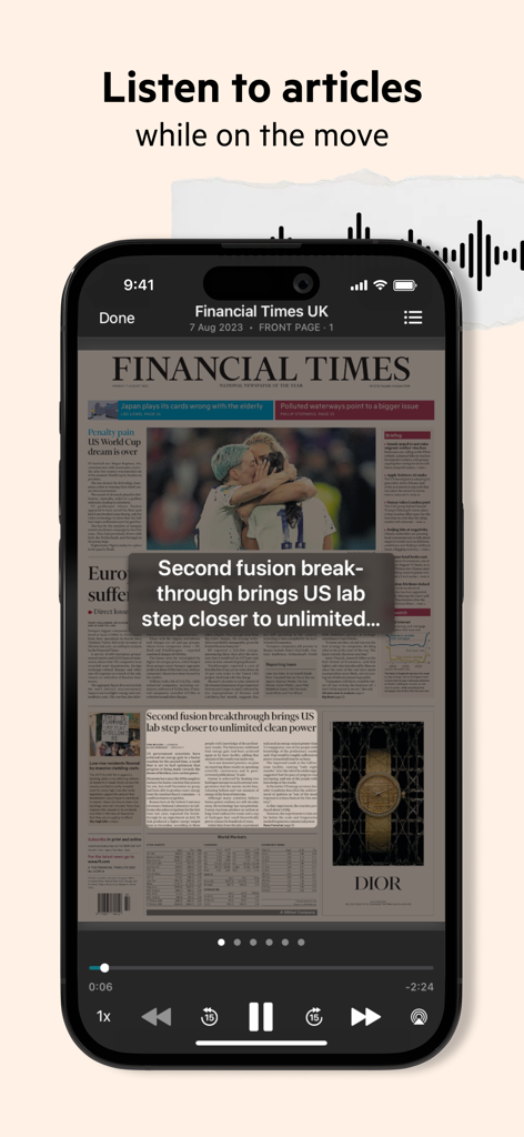 FT Digital Edition - App FT Digital Edition che mostra la funzione lettore audio per ascoltare articoli di notizie su un dispositivo mobile
