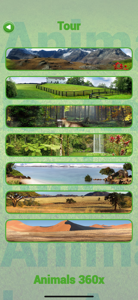 Animals 360x - Animals 360x app virtual tour selection screen featuring diverse natural habitats