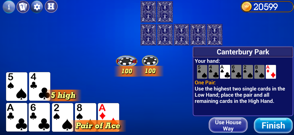 Pai Gow Poker Trainer - Gameplay screen of Pai Gow Poker Trainer showing house way instructions for splitting a hand with a pair of aces