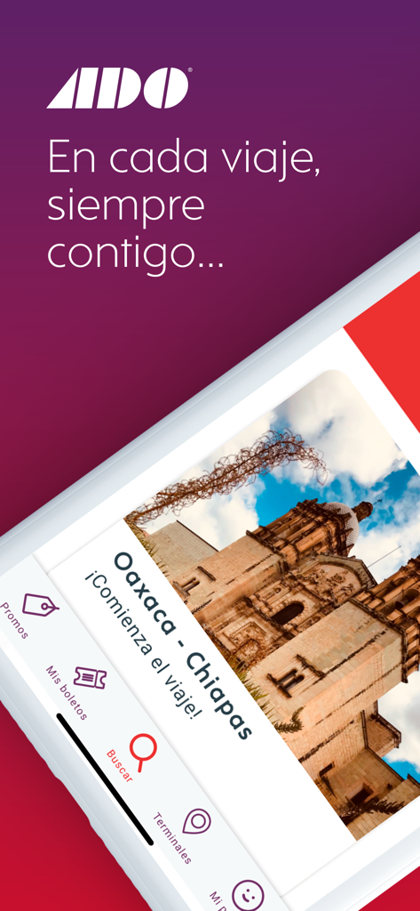 ADO - Boletos de Autobús - ADO mobile app interface showing a trip from Oaxaca to Chiapas