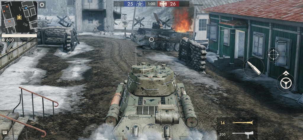 Third person view of a tank in a snowy WWII battlefield