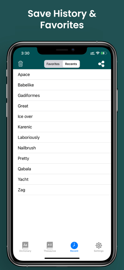 English Dictionary - Schermata che mostra un elenco di parole preferite e recenti nell'app Dizionario Inglese.