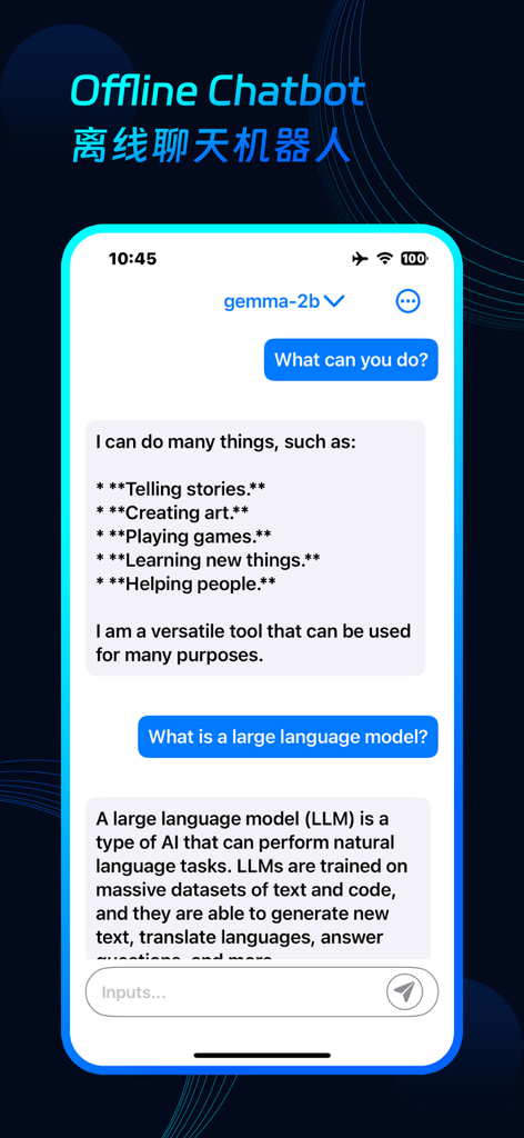 xChat AI - Offline Chatbot - xChat AI mobile app interface showing an offline conversation with the Gemma language model on an iPhone.