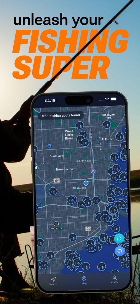 Fishing Spots－Fish Finder App - Un smartphone mostrando un mapa interactivo con cientos de puntos de pesca marcados en una zona costera urbana.
