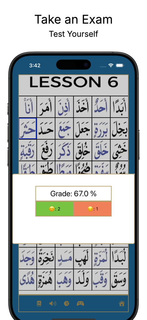 نوراني قاعده - A screenshot of the Noorani Qaida app showing an interactive Arabic exam with a grade result modal.