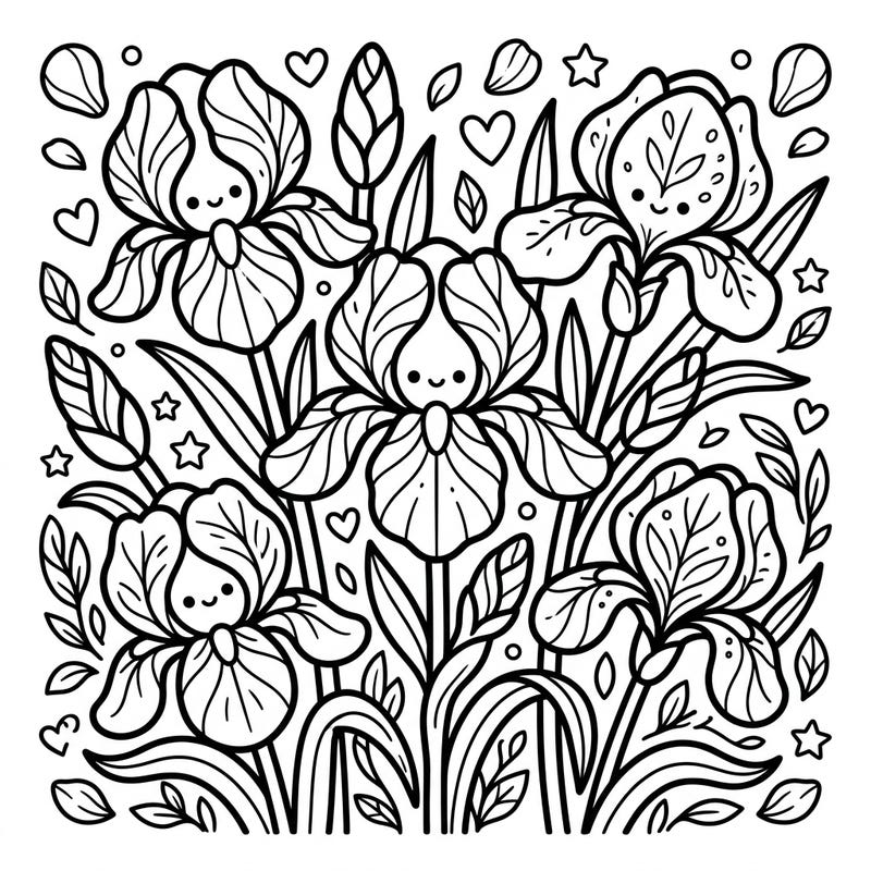 Unleash your creativity with this adorable Kawaii Pink Irises coloring page, specially designed for kids! Featuring charming flowers with cute faces, it's perfect for a delightful and engaging coloring session.