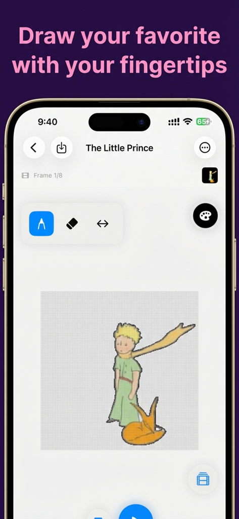 Oshi Island - Pixel Art Widget - Oberfläche der Oshi Island App zeigt eine Pixel-Art-Zeichnung von Der kleine Prinz auf einem iPhone-Bildschirm.