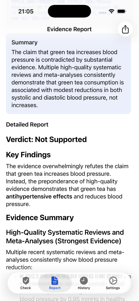 MedicalFactChecker - MedicalFactChecker app displaying an evidence report for green tea and blood pressure
