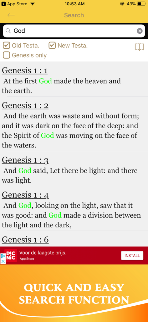 Bible In Basic English - BBE - Función de búsqueda rápida y fácil en la aplicación Biblia en Inglés Básico que muestra resultados de palabras clave para Dios