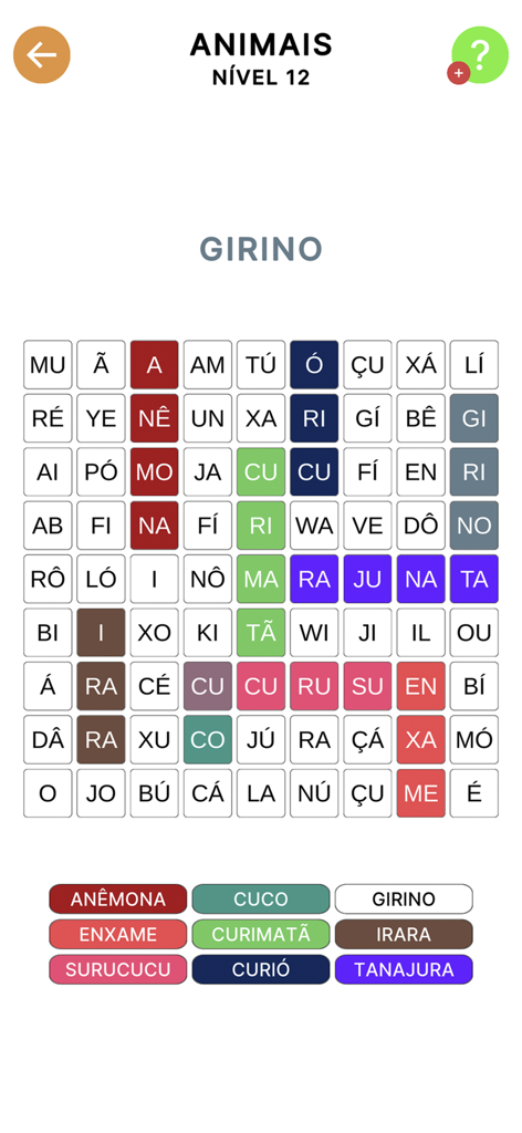 Caça-Palavras Silábico - Gameplay de um quebra-cabeça de caça-palavras silábico em português com nomes de animais