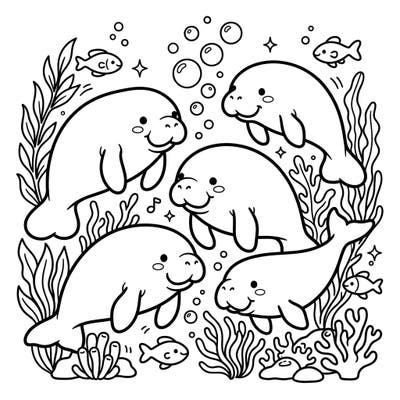 Discover a delightful scene of gentle manatees and dugongs brought to life in charming Kawaii style. This underwater world is filled with happiness, ready for your creative touch.