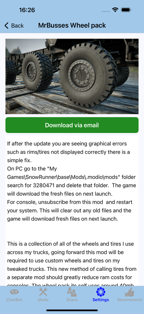 SnowR - DLC Cheat Mods Map(SR) - Página de detalles de un mod de SnowRunner que muestra el paquete de ruedas MrBusses con un botón de descarga e instrucciones de instalación.
