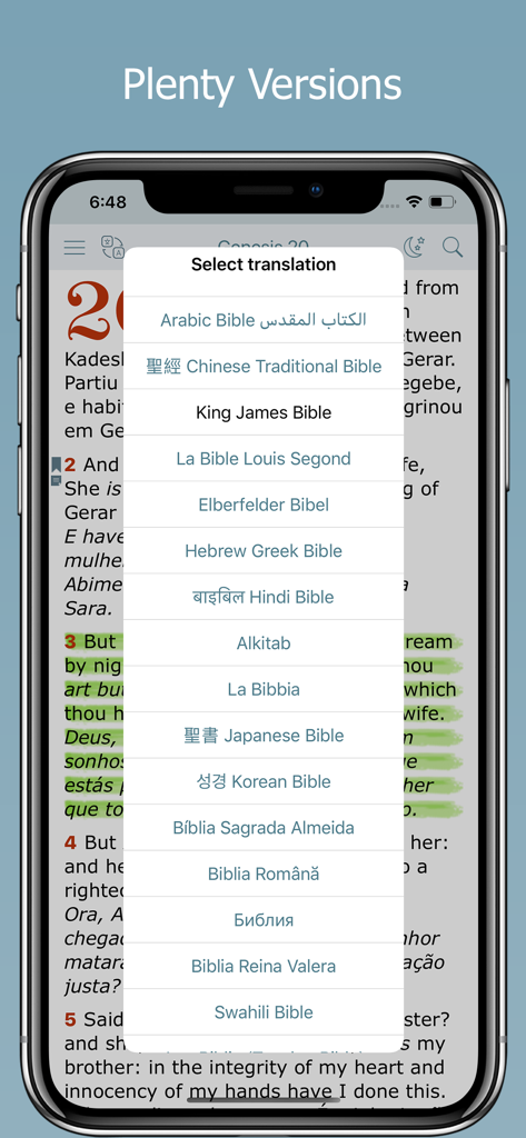 A menu in the Bilingual Bible app showing numerous translation options including King James, Spanish, and Chinese versions.