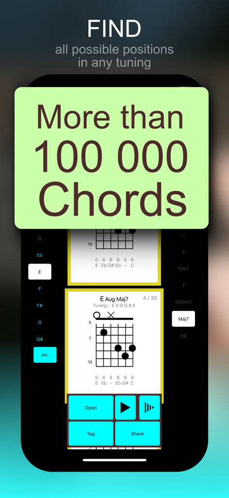 Guitar Chord Finder Fretboard - Interface do aplicativo Guitar Chord Finder mostrando um diagrama de acordes para E Aug Maj7 e texto destacando mais de 100.000 acordes.